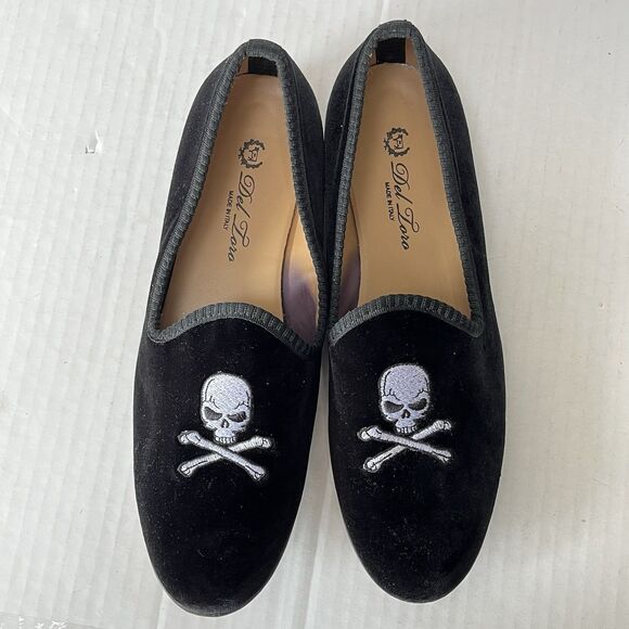 Del Toro Black Velvet Loafers Skull & Crossbones Size 9 Slip On Flats Italy Made